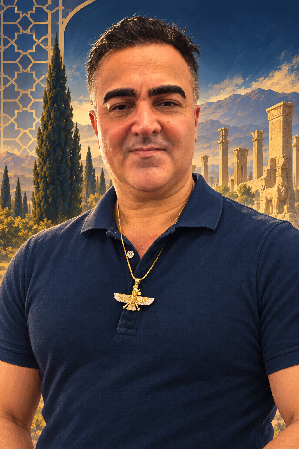 تصویر هنری پیمان بخشایش با نشان فروهر؛ نماد شخصی وفاداری به ایران و مسئولیت اخلاقی در برابر مردم و سرزمین آن.