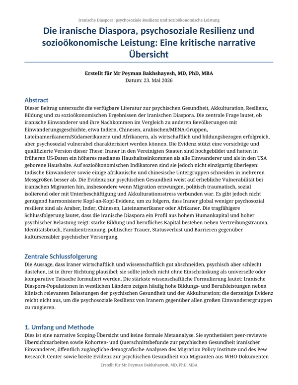 Cover of Die iranische Diaspora, psychosoziale Resilienz und sozioökonomische Leistung: Eine kritische narrative Übersicht