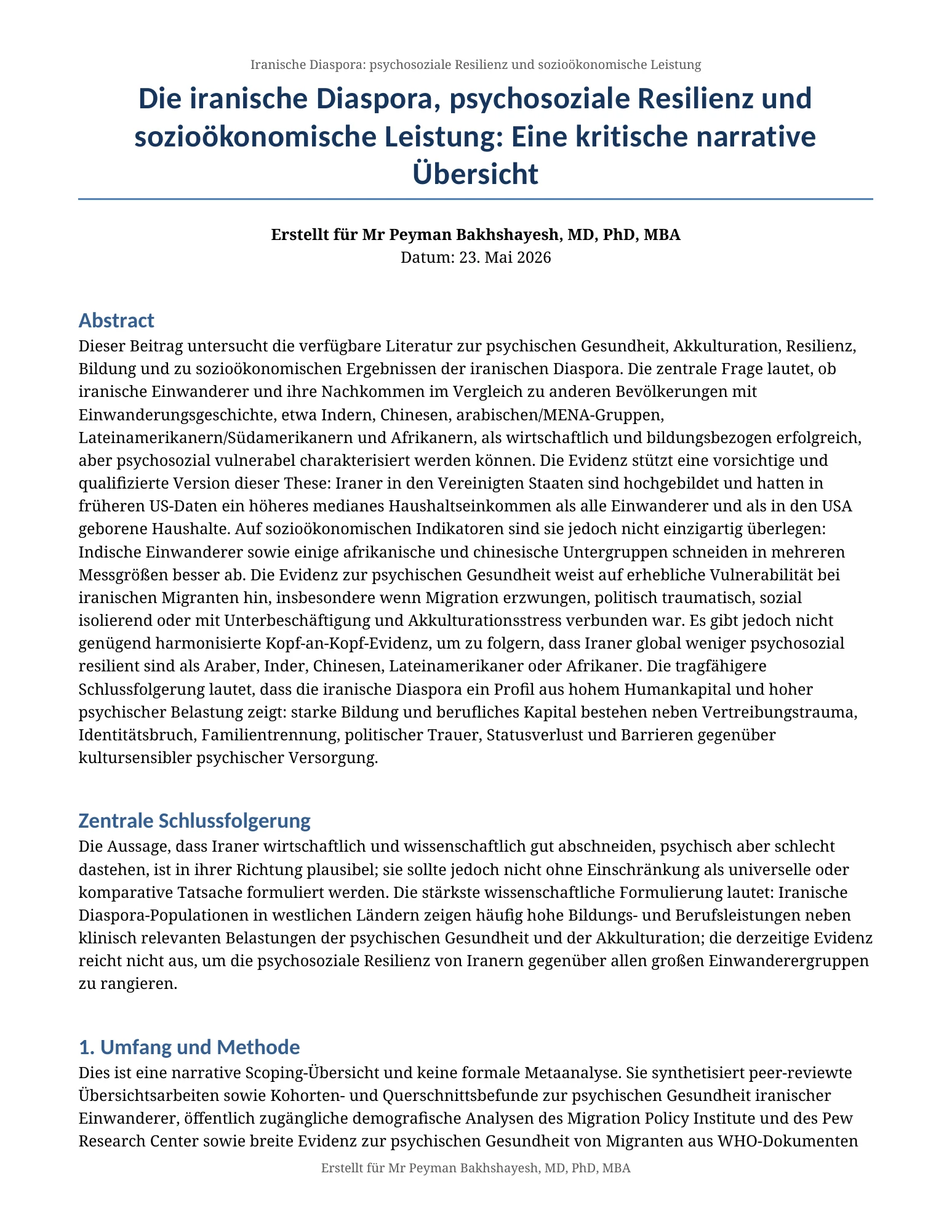 Die iranische Diaspora, psychosoziale Resilienz und sozioökonomische Leistung: Eine kritische narrative Übersicht — Page 1 of 10