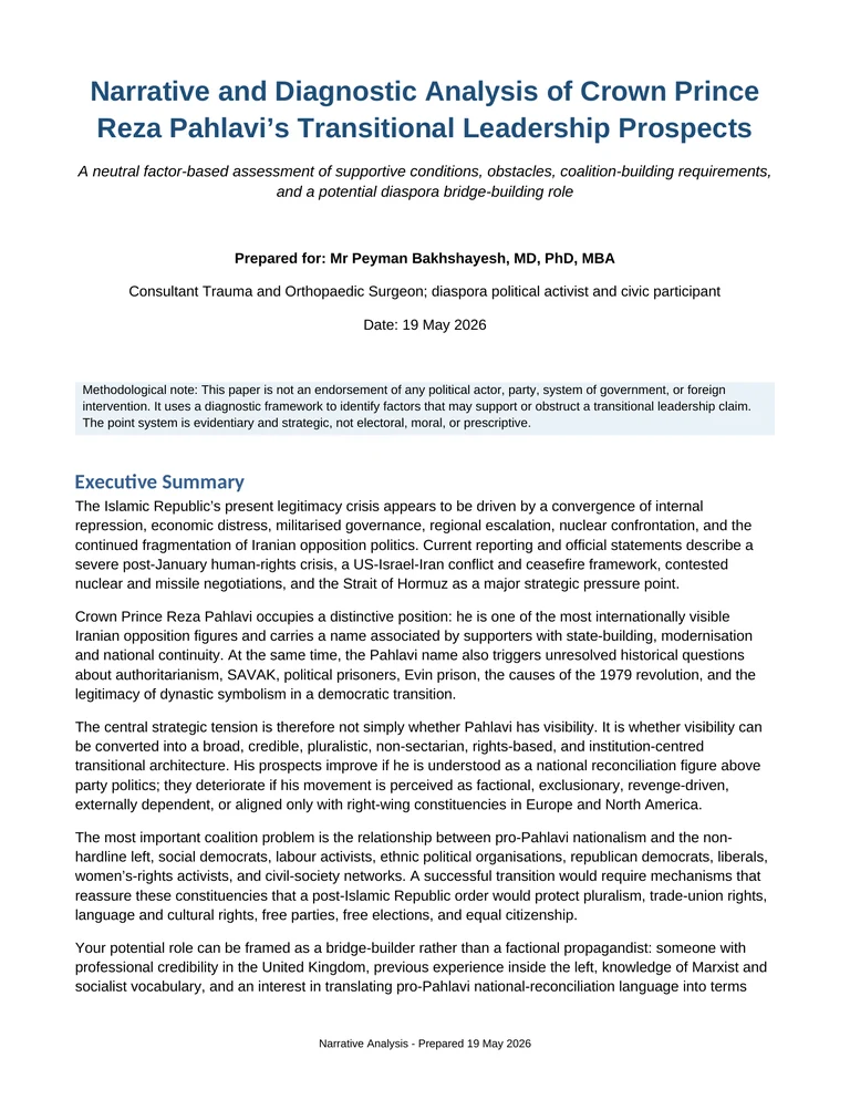Cover of Narrative and Diagnostic Analysis of Crown Prince Reza Pahlavi’s Transitional Leadership Prospects