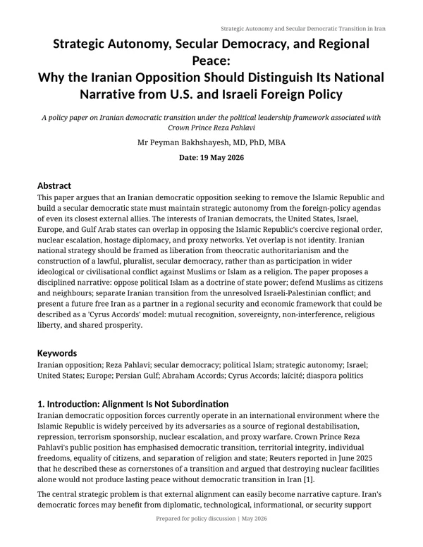 Cover of Strategic Autonomy, Secular Democracy, and Regional Peace: Why the Iranian Opposition Should Distinguish Its National Narrative from U.S. and Israeli Foreign Policy